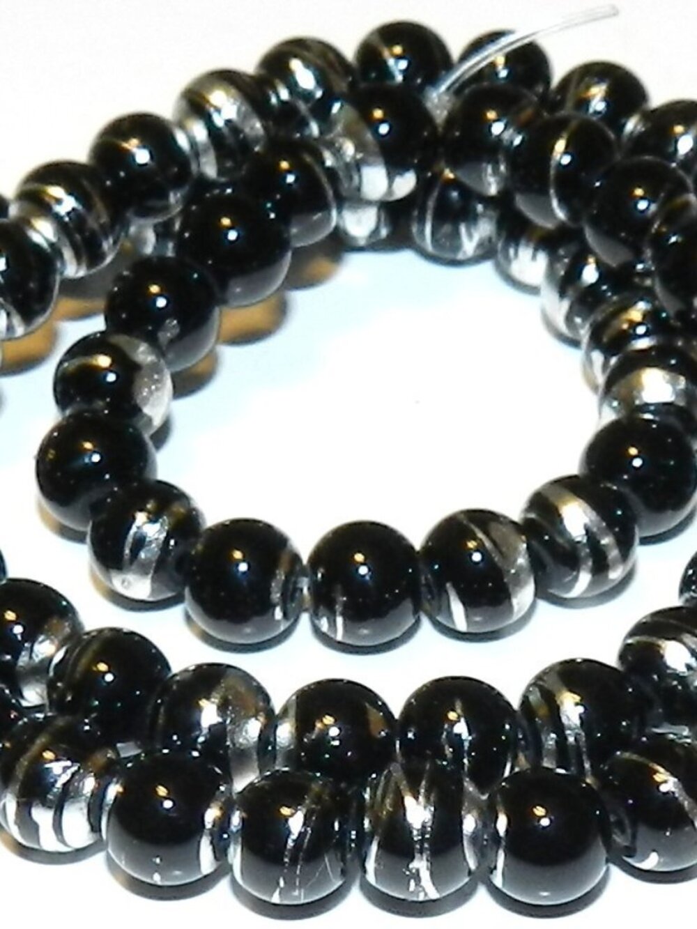 G1772 Black Opaque 8mm Round Silver Swirl Metallic Drawbench Glass Beads 32"